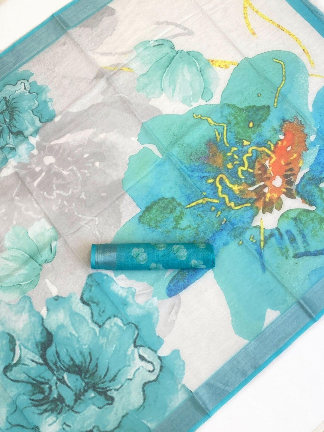 Refreshing Turquoise Floral Digital Printed Linen Saree Accented With A Subtle Silver Border - Image 4