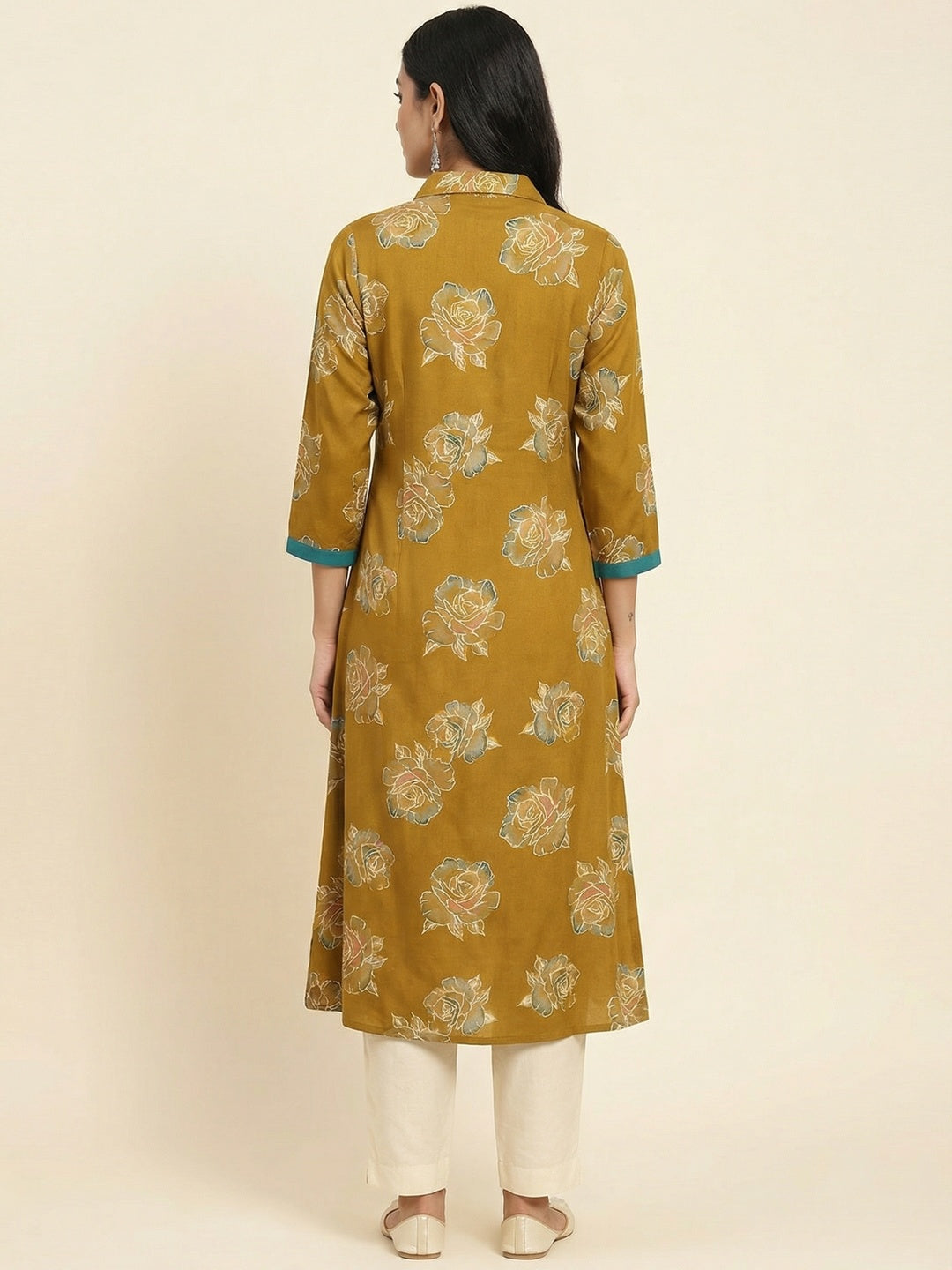 Mustard Floral Printed Viscose Kurti with Collar Neck - Image 2