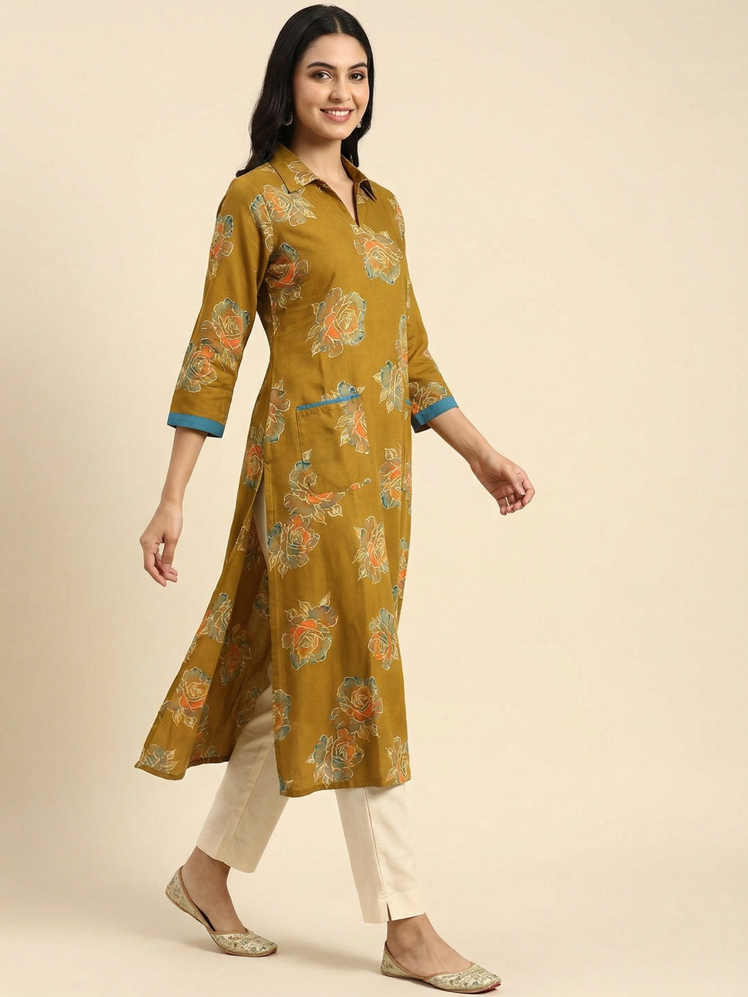 Mustard Floral Printed Viscose Kurti with Collar Neck - Image 3