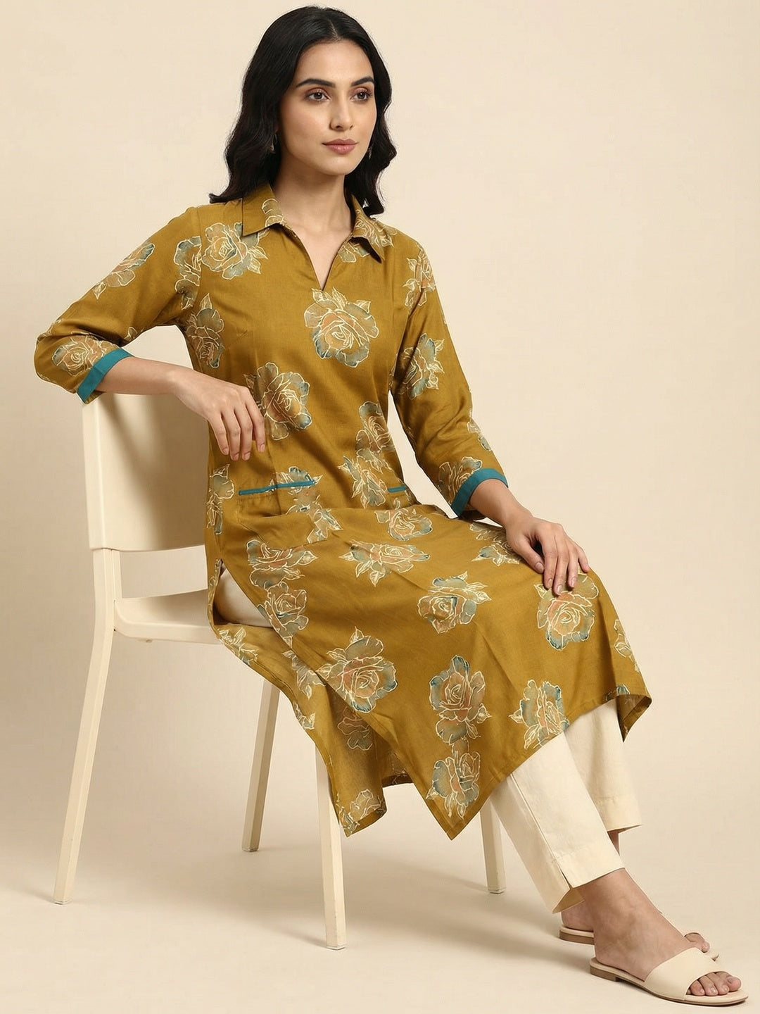 Mustard Floral Printed Viscose Kurti with Collar Neck - Image 2