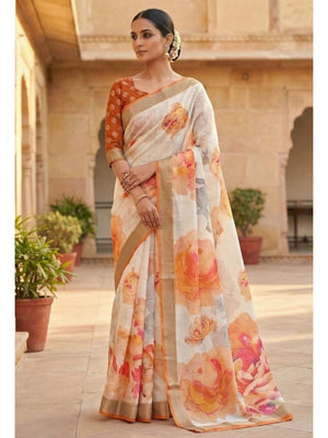 Refreshing Orange Floral Digital Printed Linen Saree Accented With A Subtle Silver Border - Image 1