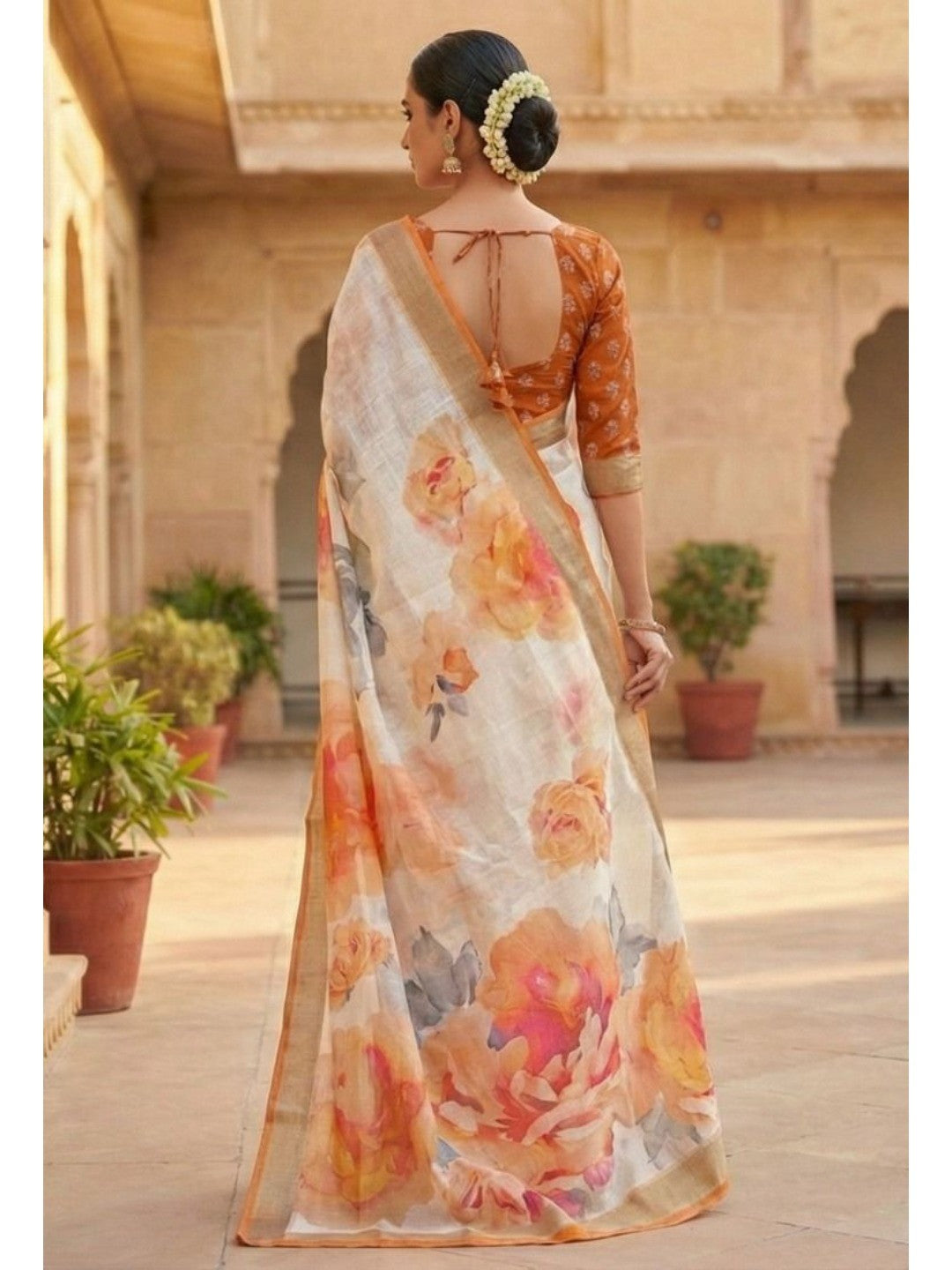 Refreshing Orange Floral Digital Printed Linen Saree Accented With A Subtle Silver Border - Image 4