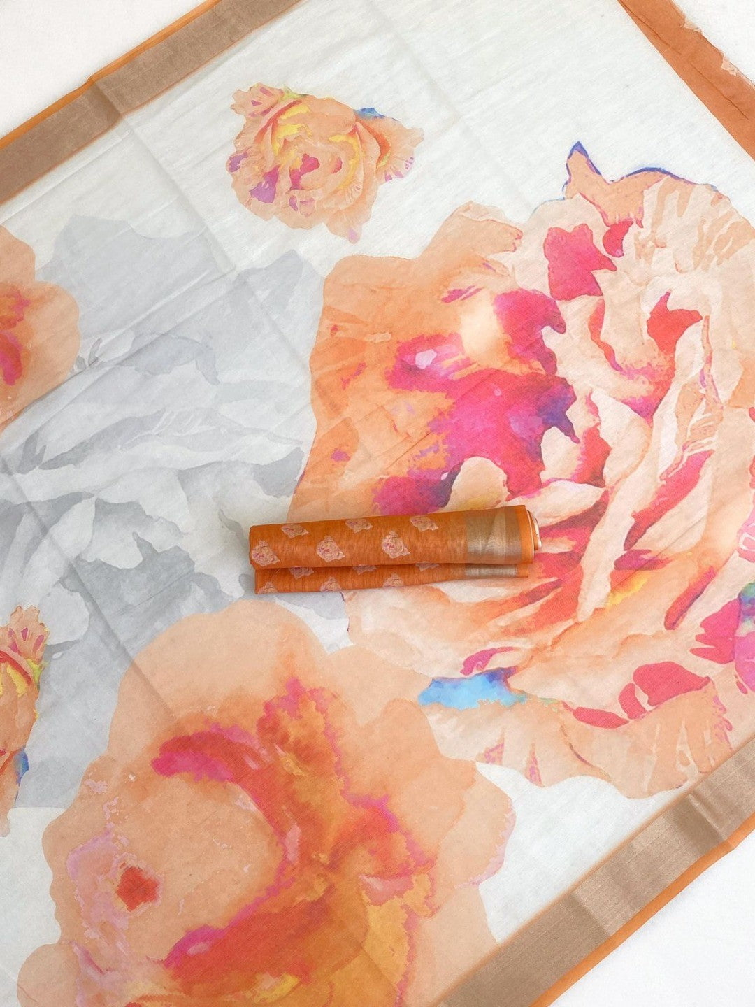 Refreshing Orange Floral Digital Printed Linen Saree Accented With A Subtle Silver Border - Image 3