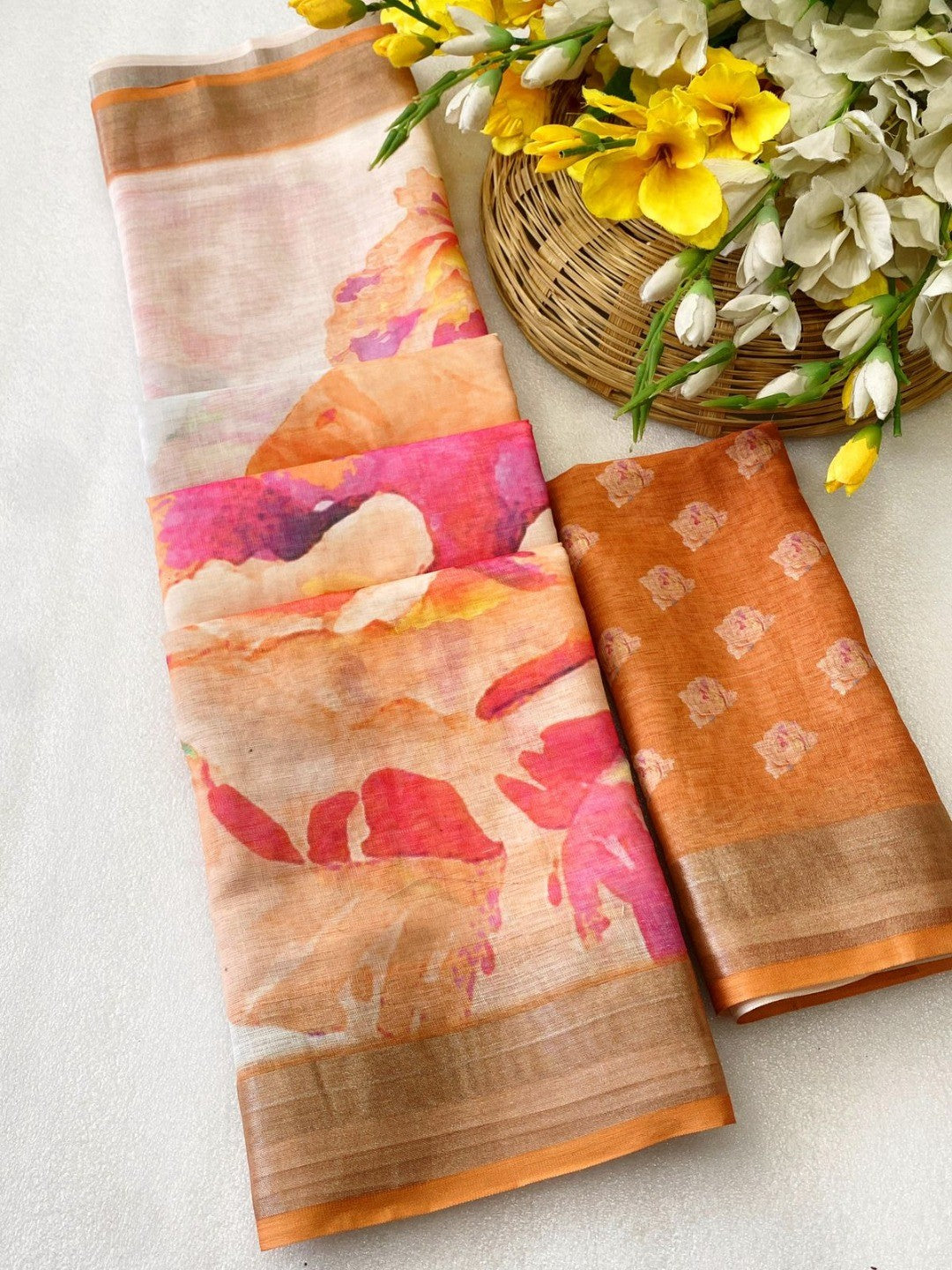 Refreshing Orange Floral Digital Printed Linen Saree Accented With A Subtle Silver Border - Image 2