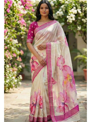 Refreshing Pink Floral Digital Printed Linen Saree Accented With A Subtle Silver Border - Image 1