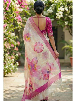 Refreshing Pink Floral Digital Printed Linen Saree Accented With A Subtle Silver Border - Image 2