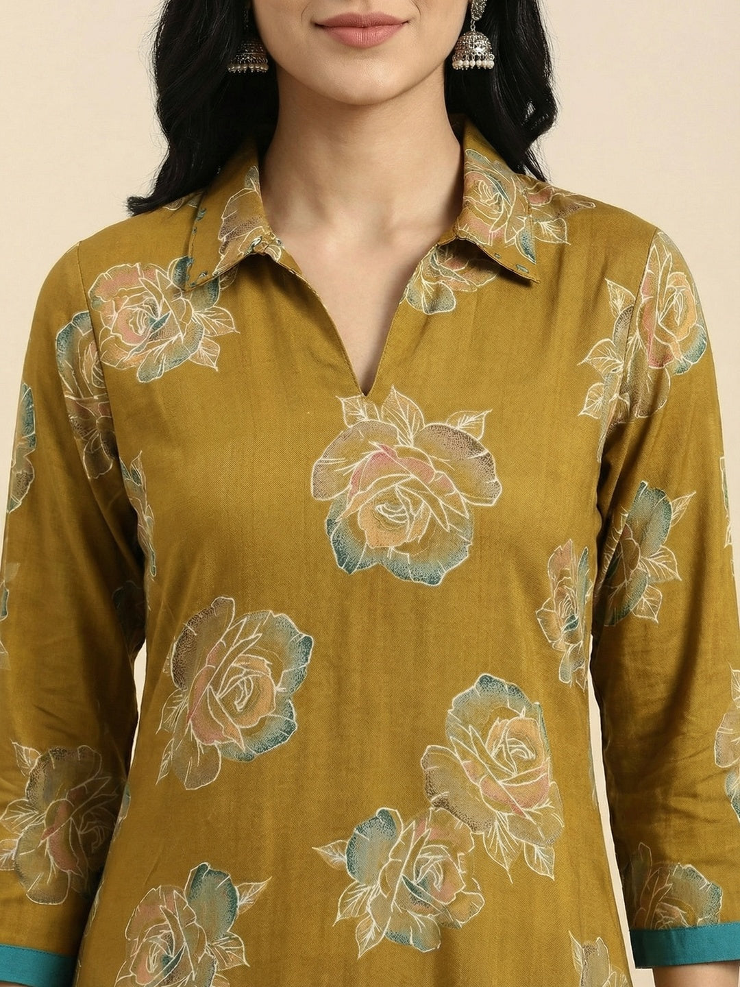 Mustard Floral Printed Viscose Kurti with Collar Neck - Image 3