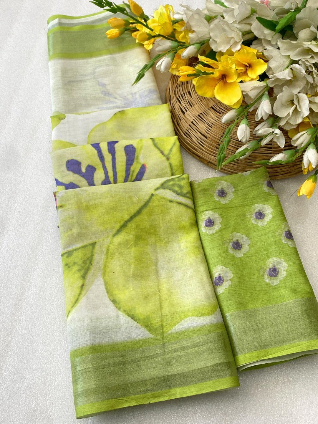 Refreshing Green Floral Digital Printed Linen Saree Accented With A Subtle Silver Border - Image 3