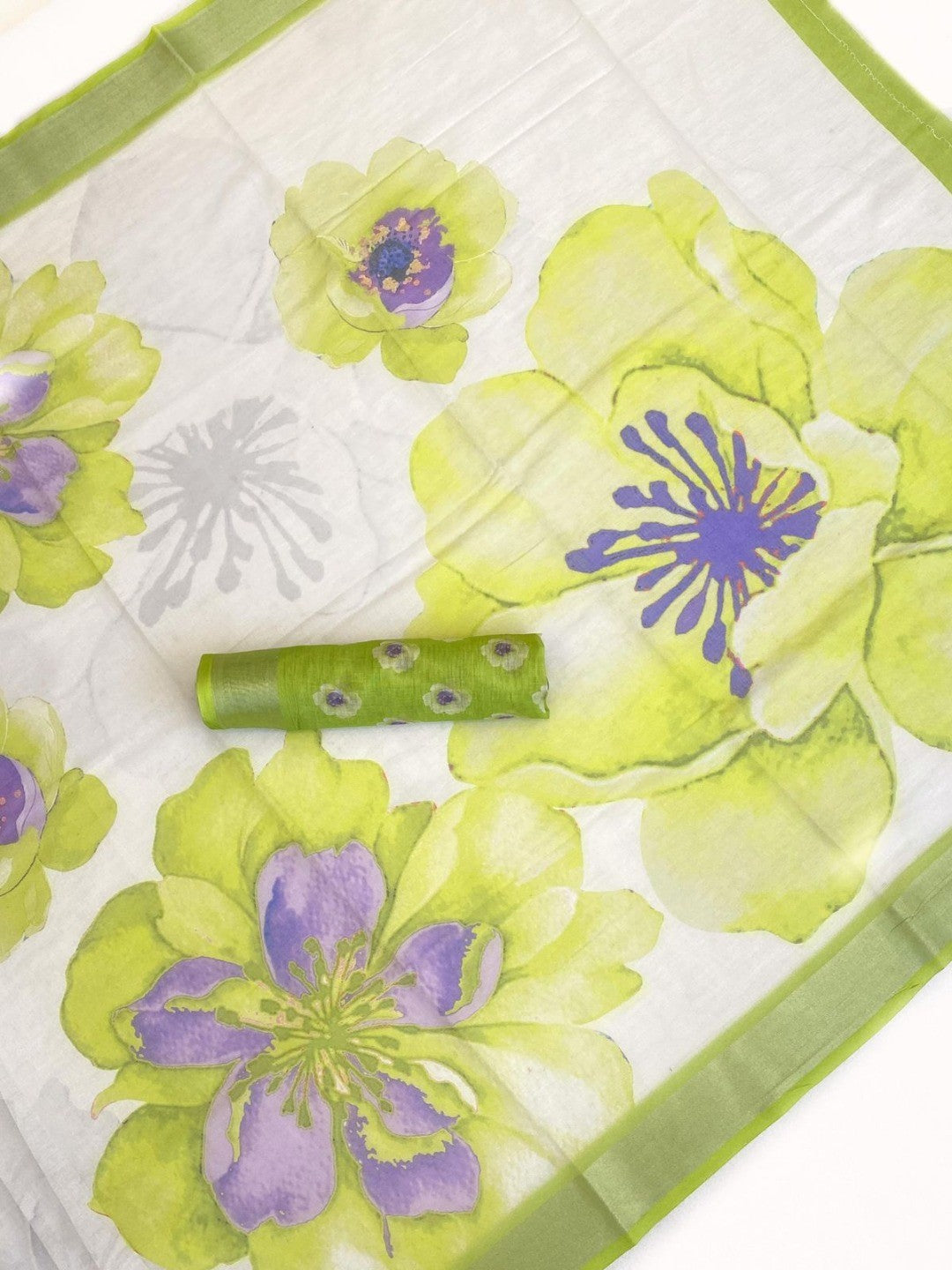 Refreshing Green Floral Digital Printed Linen Saree Accented With A Subtle Silver Border - Image 2