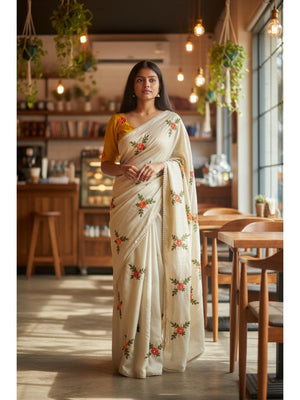 Offwhite Viscose Saree with Floral Embroidery and Mustard Blouse - Image 1