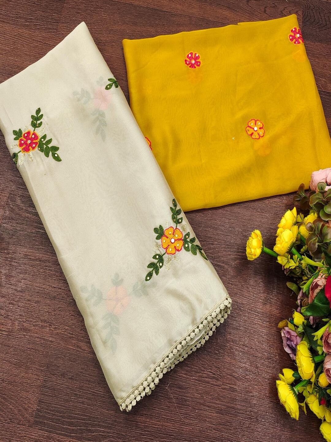 Offwhite Viscose Saree with Floral Embroidery and Mustard Blouse - Image 4