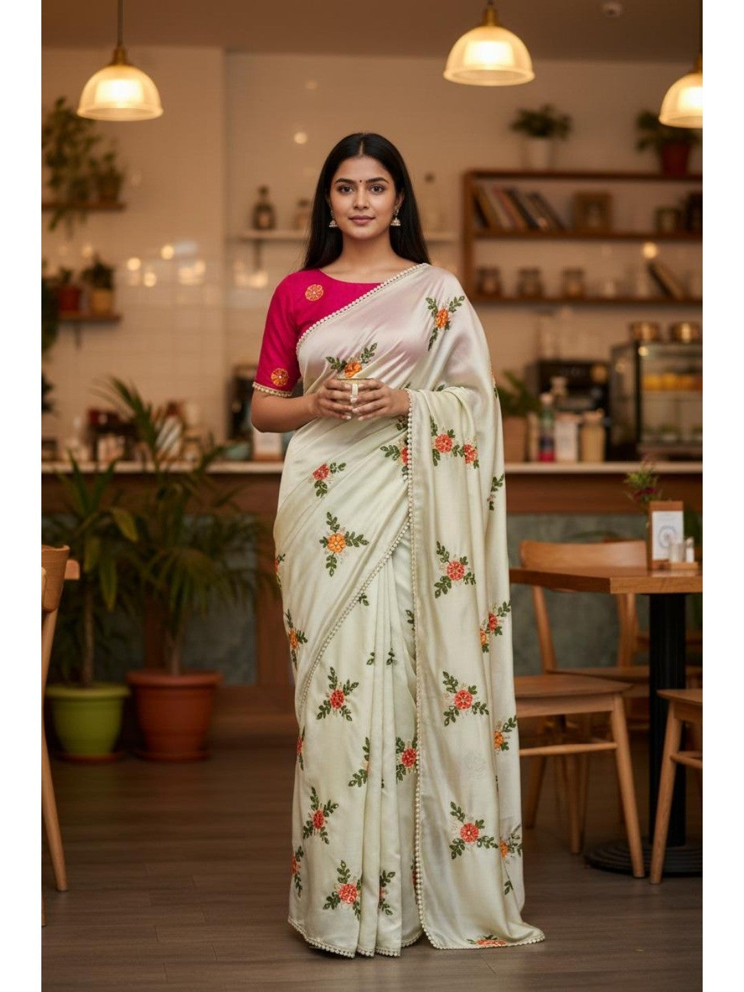 Offwhite Viscose Saree with Floral Embroidery and Pink Blouse - Image 1