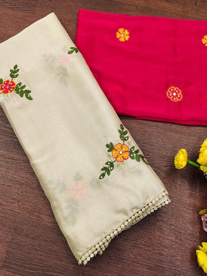 Offwhite Viscose Saree with Floral Embroidery and Pink Blouse - Image 2