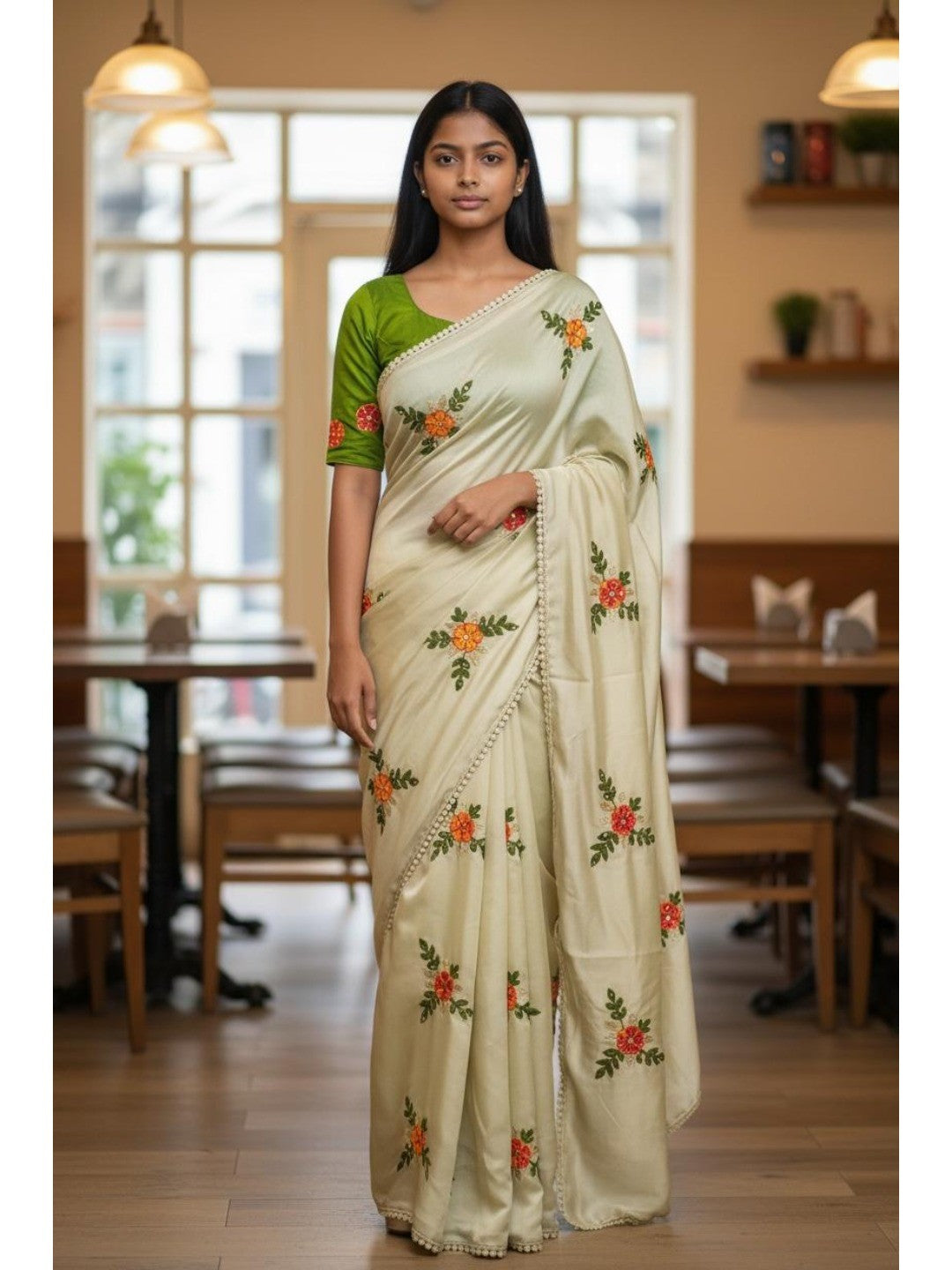 Offwhite Viscose Saree with Floral Embroidery and Green Blouse - Image 1