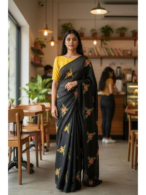 Black Viscose Saree with Floral Embroidery and Mustard Blouse - Image 1