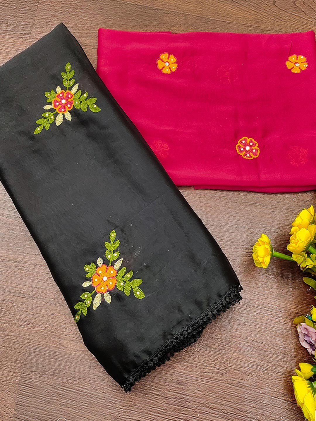 Black Viscose Saree with Floral Embroidery and Pink Blouse - Image 4