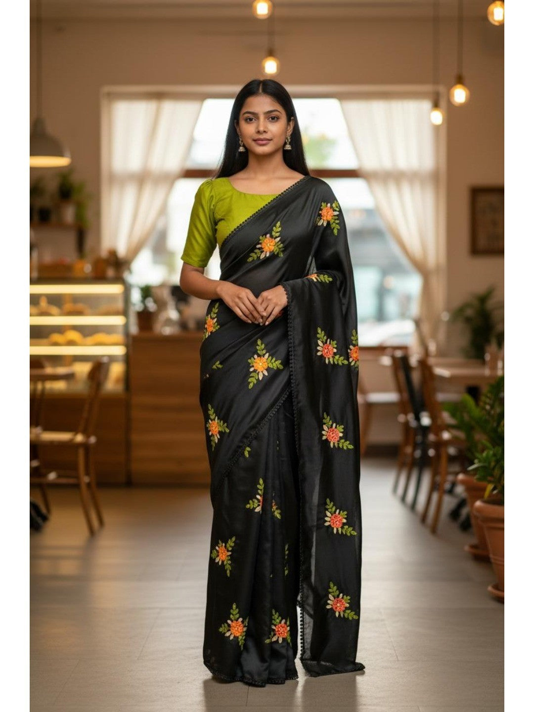 Black Viscose Saree with Floral Embroidery and Green Blouse - Image 1