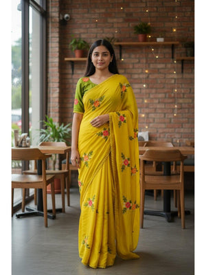 Mustard Viscose Saree with Floral Embroidery and Green Blouse - Image 1