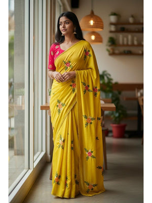 Mustard Viscose Saree with Floral Embroidery and Pink Blouse - Image 1