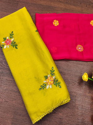 Mustard Viscose Saree with Floral Embroidery and Pink Blouse - Image 2