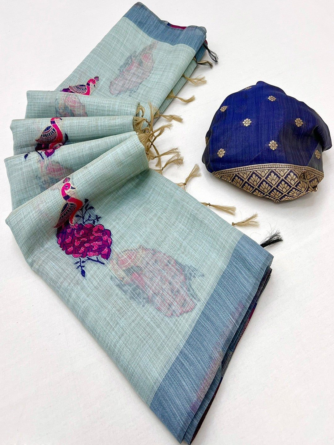 Designer Blue Cotton Blend Saree with Heritage Inspired Peacock Weaving Work - Image 3