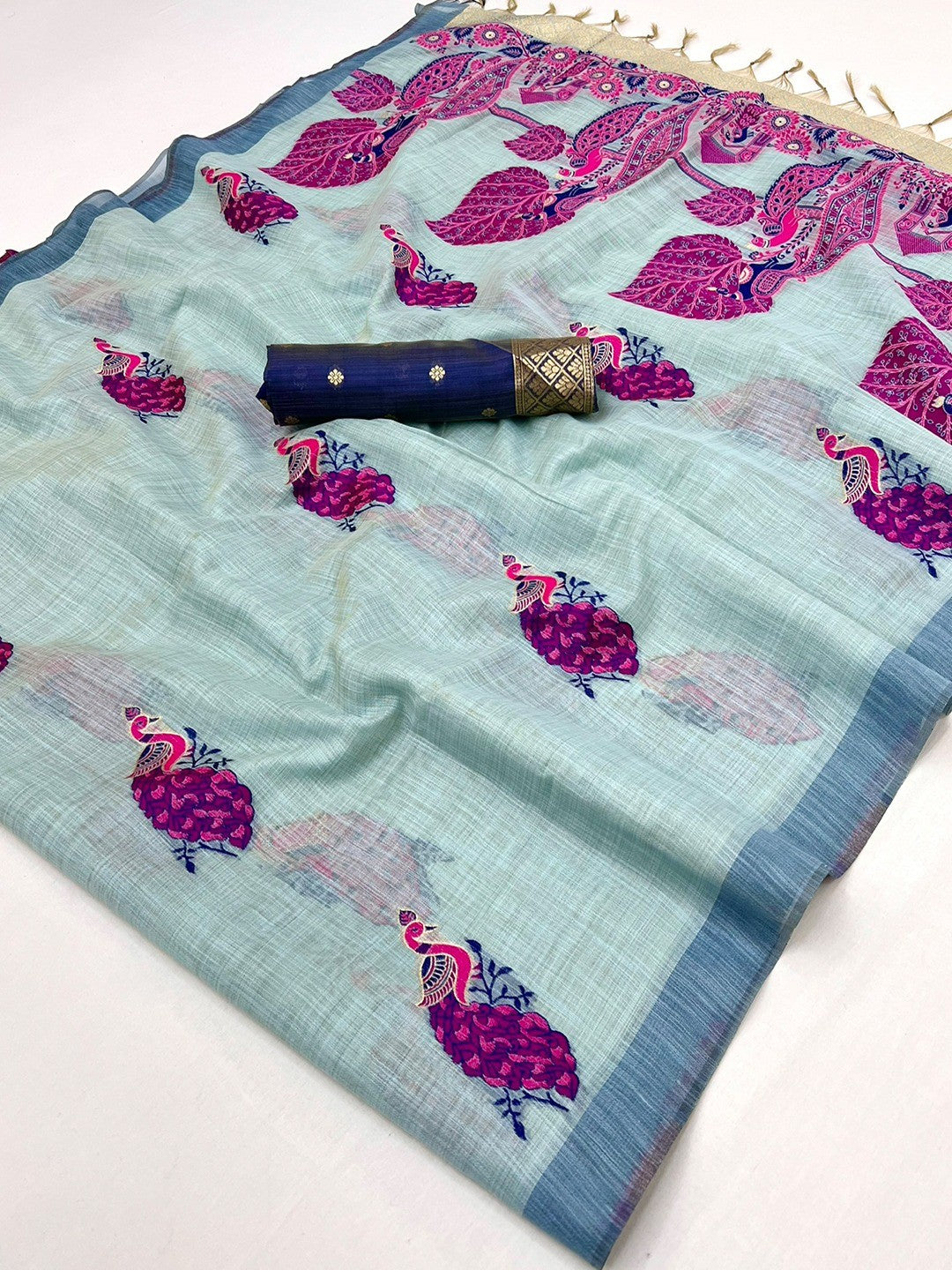 Designer Blue Cotton Blend Saree with Heritage Inspired Peacock Weaving Work - Image 3