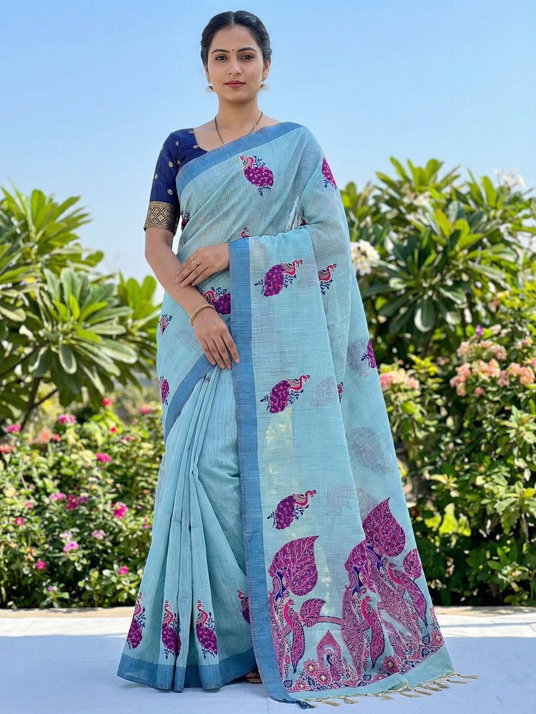 Designer Blue Cotton Blend Saree with Heritage Inspired Peacock Weaving Work - Image 1