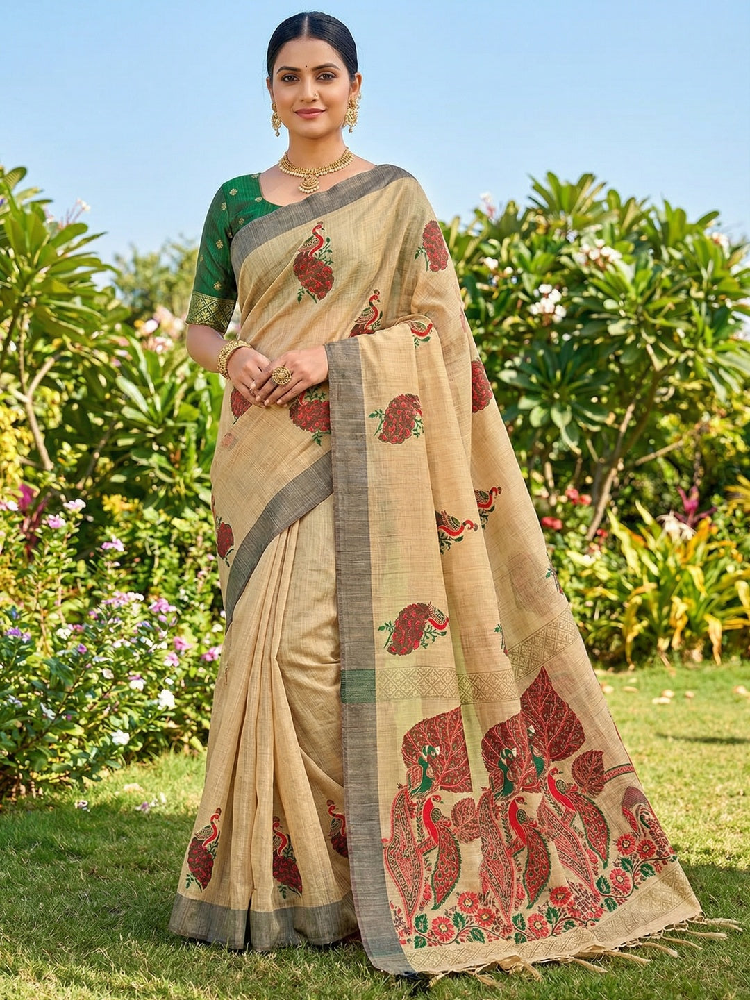 Designer Beige Cotton Blend Saree with Heritage Inspired Peacock Weaving Work - Image 1