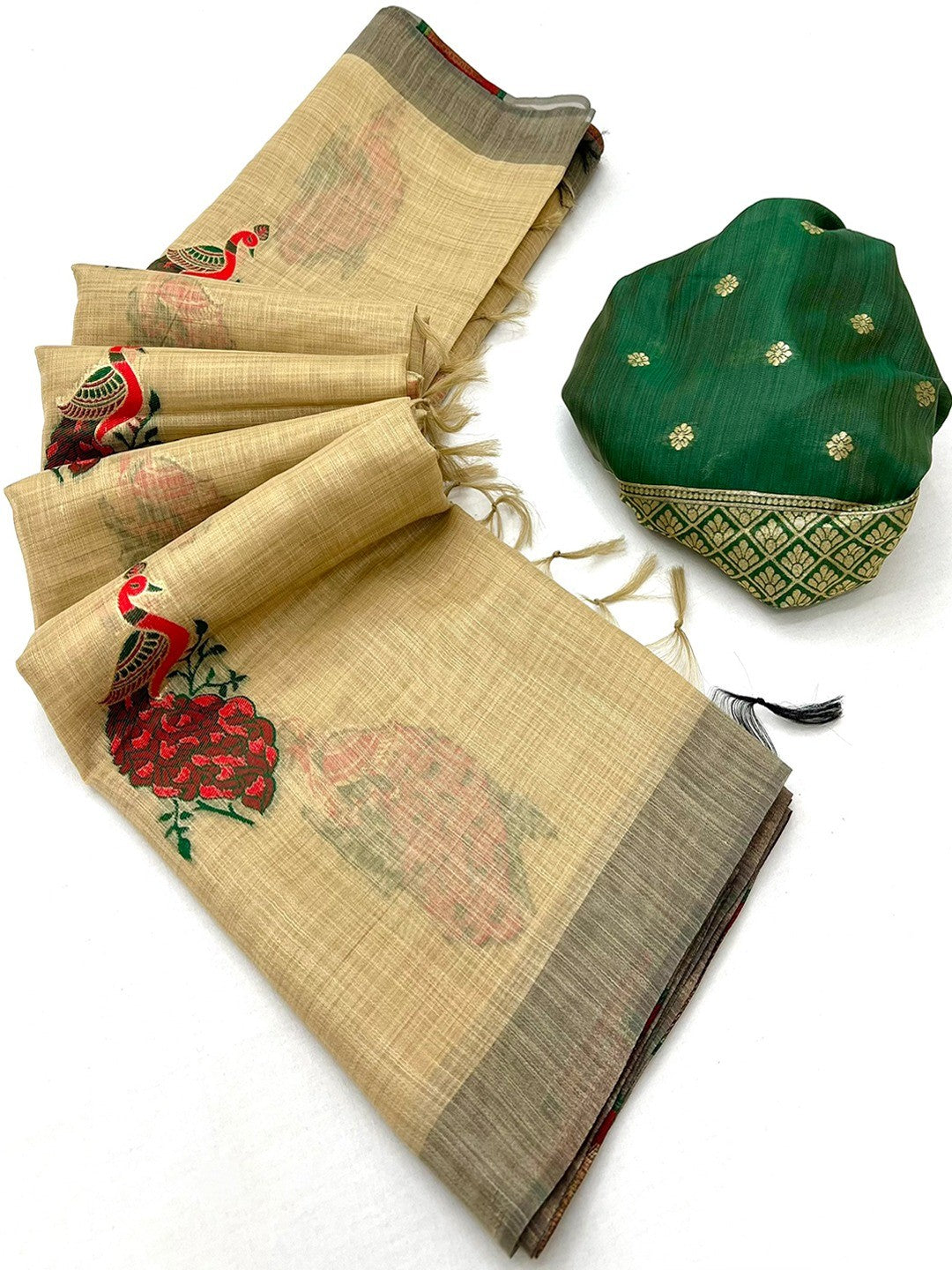 Designer Beige Cotton Blend Saree with Heritage Inspired Peacock Weaving Work - Image 3