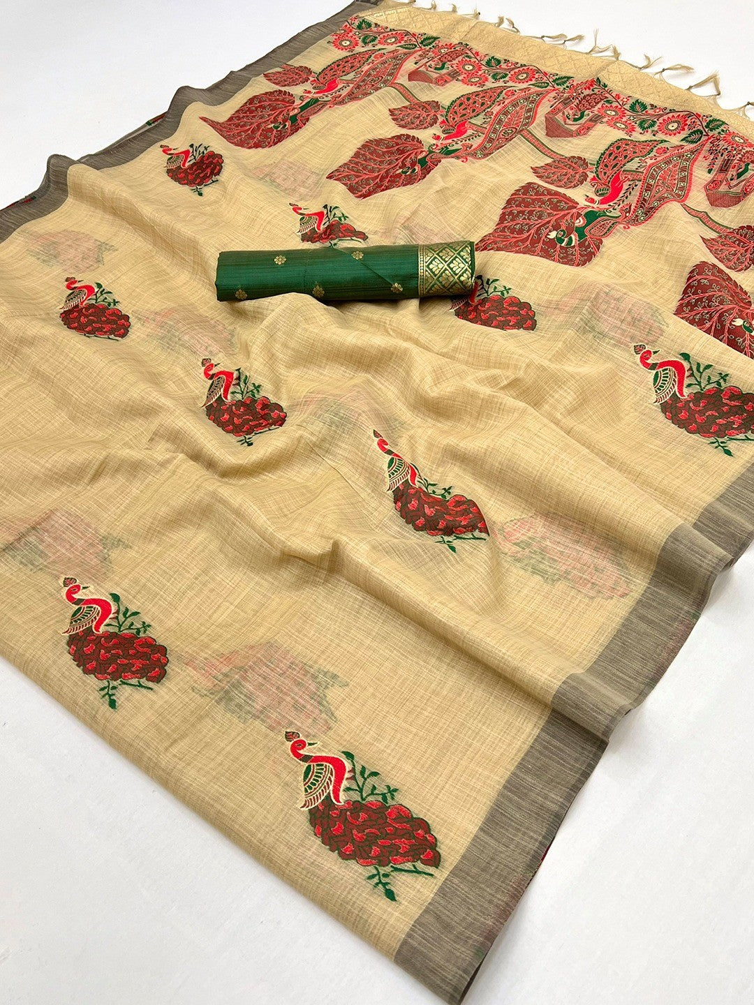 Designer Beige Cotton Blend Saree with Heritage Inspired Peacock Weaving Work - Image 2