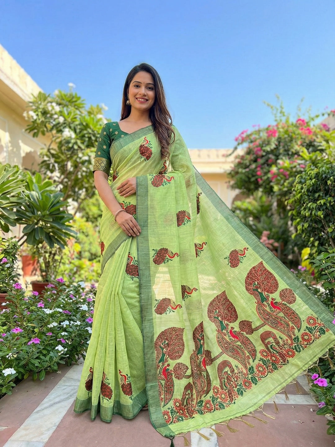 Designer Green Cotton Blend Saree with Heritage Inspired Peacock Weaving Work - Image 1