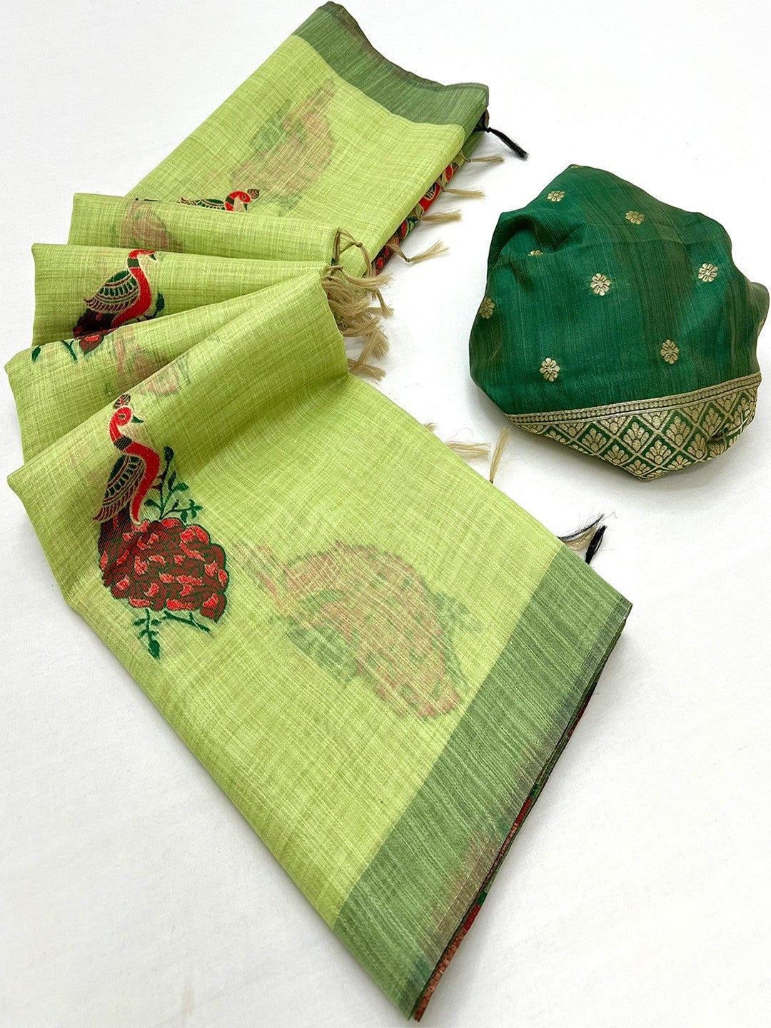 Designer Green Cotton Blend Saree with Heritage Inspired Peacock Weaving Work - Image 3