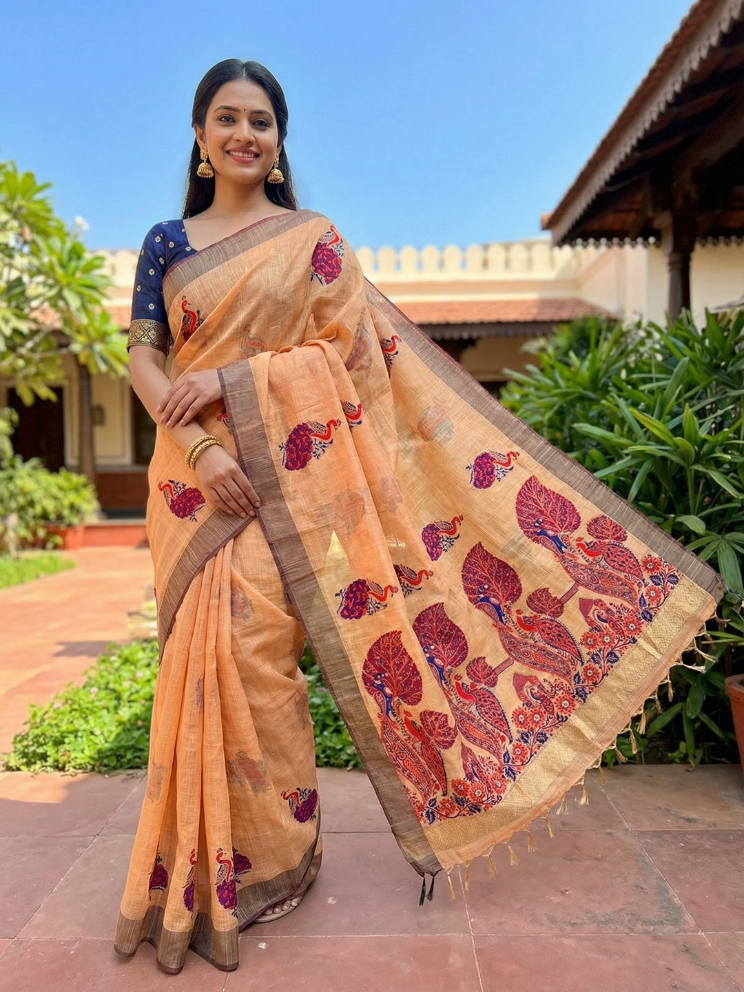Designer Orange Cotton Blend Saree with Heritage Inspired Peacock Weaving Work - Image 1