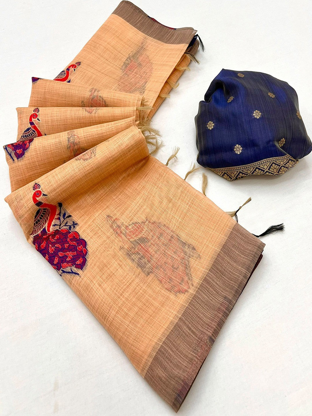 Designer Orange Cotton Blend Saree with Heritage Inspired Peacock Weaving Work - Image 3