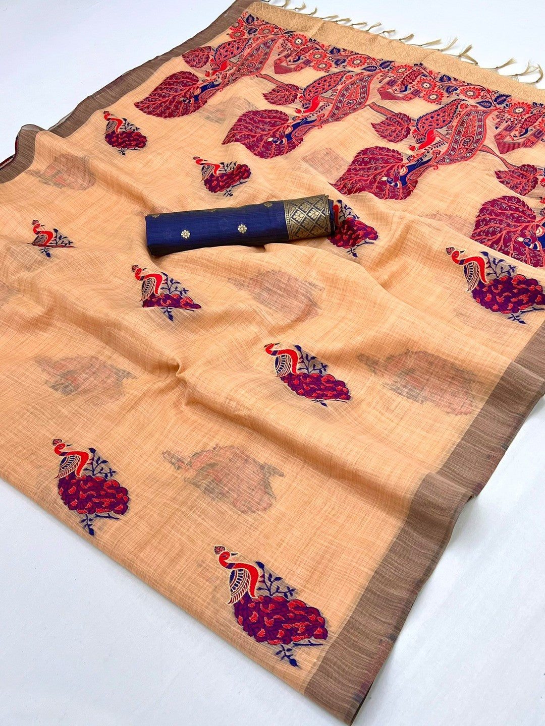 Designer Orange Cotton Blend Saree with Heritage Inspired Peacock Weaving Work - Image 3
