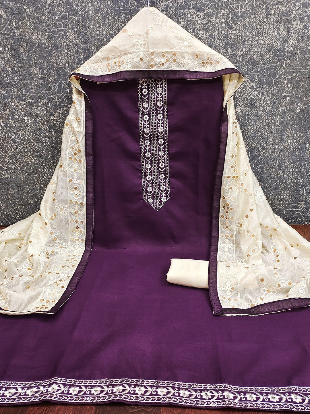 Elegant Purple Cotton Blend Dress Material Adorned With Floral Embroidery & Delicate Sequins Work - Image 3
