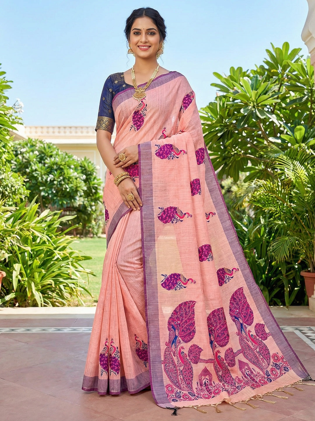 Designer Peach Cotton Blend Saree with Heritage Inspired Peacock Weaving Work - Image 1