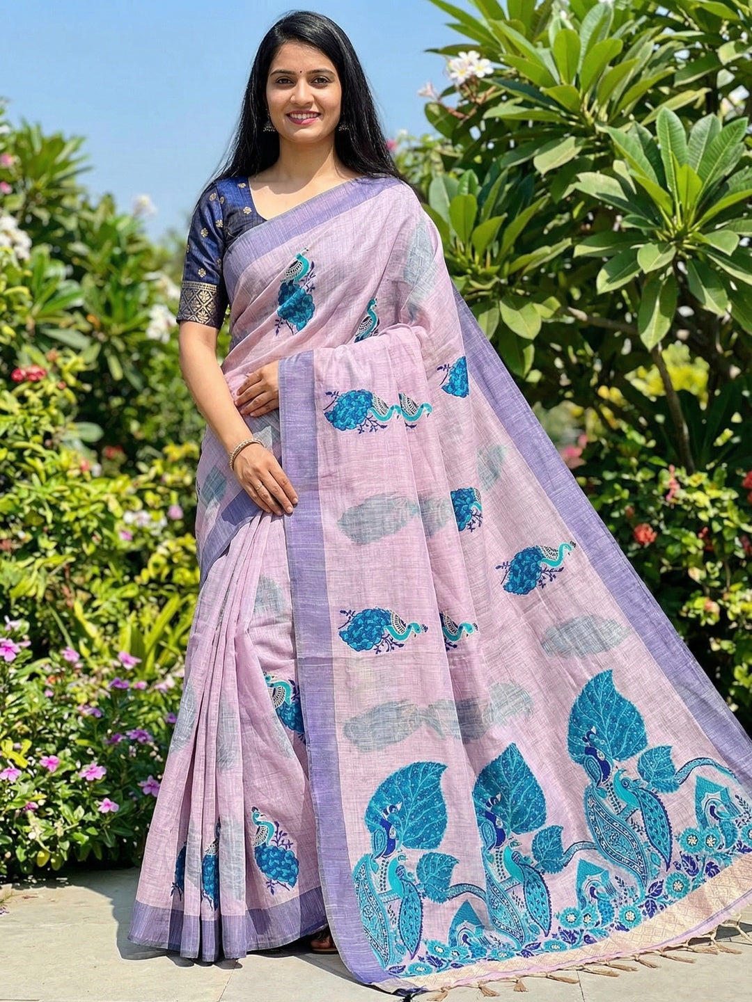 Designer Lavender Cotton Blend Saree with Heritage Inspired Peacock Weaving Work - Image 1