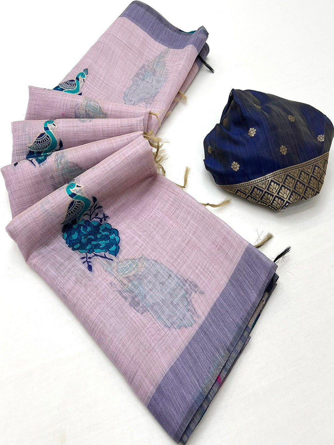Designer Lavender Cotton Blend Saree with Heritage Inspired Peacock Weaving Work - Image 3