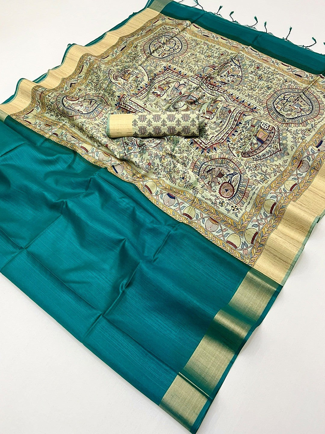 Elegant Teal Tussar Silk Saree with Golden Border - Image 3