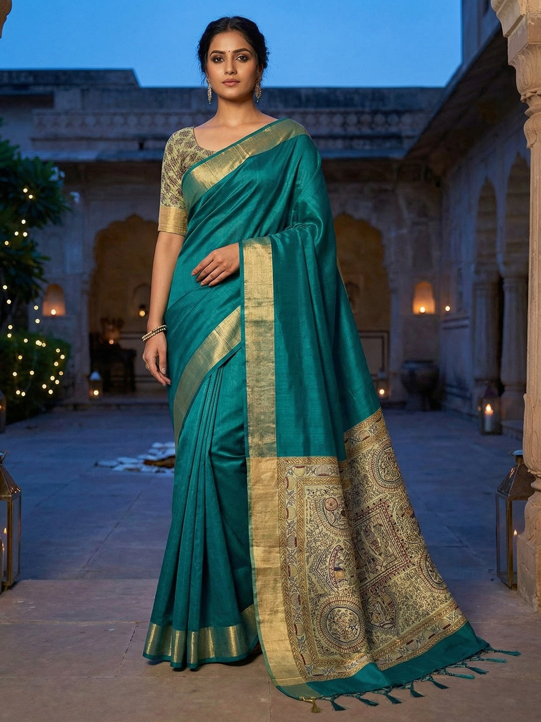 Elegant Teal Tussar Silk Saree with Golden Border - Image 1