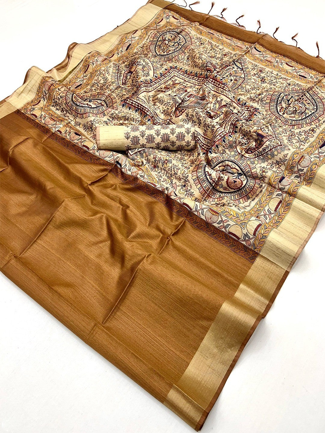 Elegant Brown Tussar Silk Saree with Golden Border - Image 2