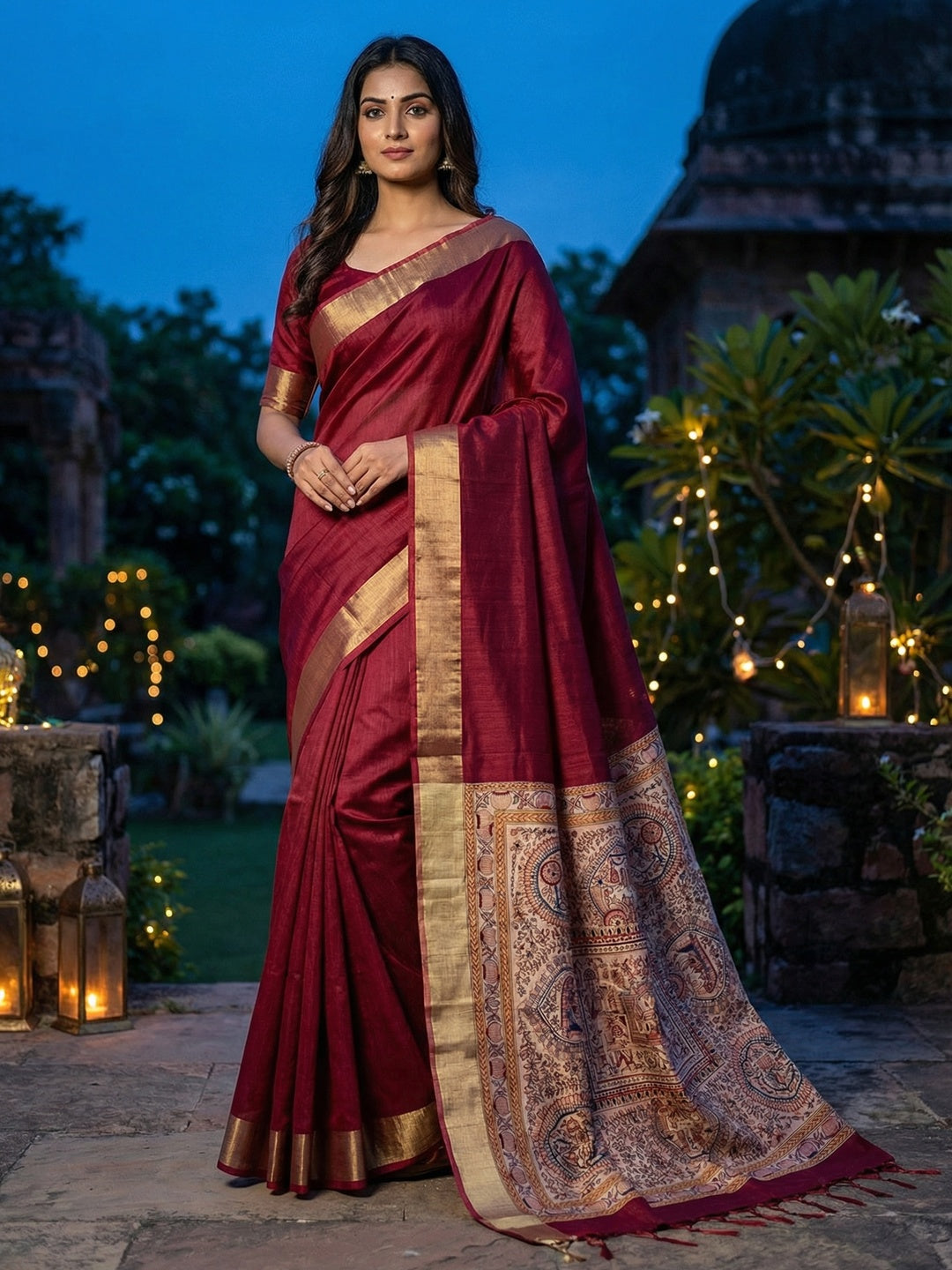 Elegant Maroon Tussar Silk Saree with Golden Border - Image 1