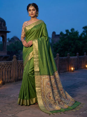 Elegant Green Tussar Silk Saree with Golden Border - Image 1