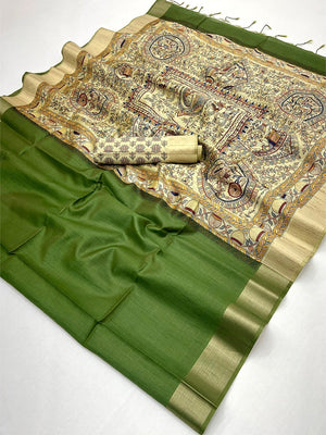 Elegant Green Tussar Silk Saree with Golden Border - Image 2