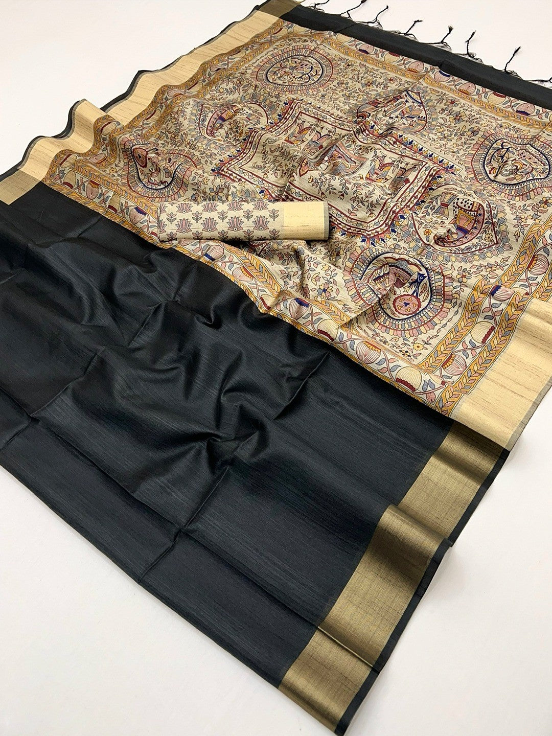 Elegant Black Tussar Silk Saree with Golden Border - Image 2