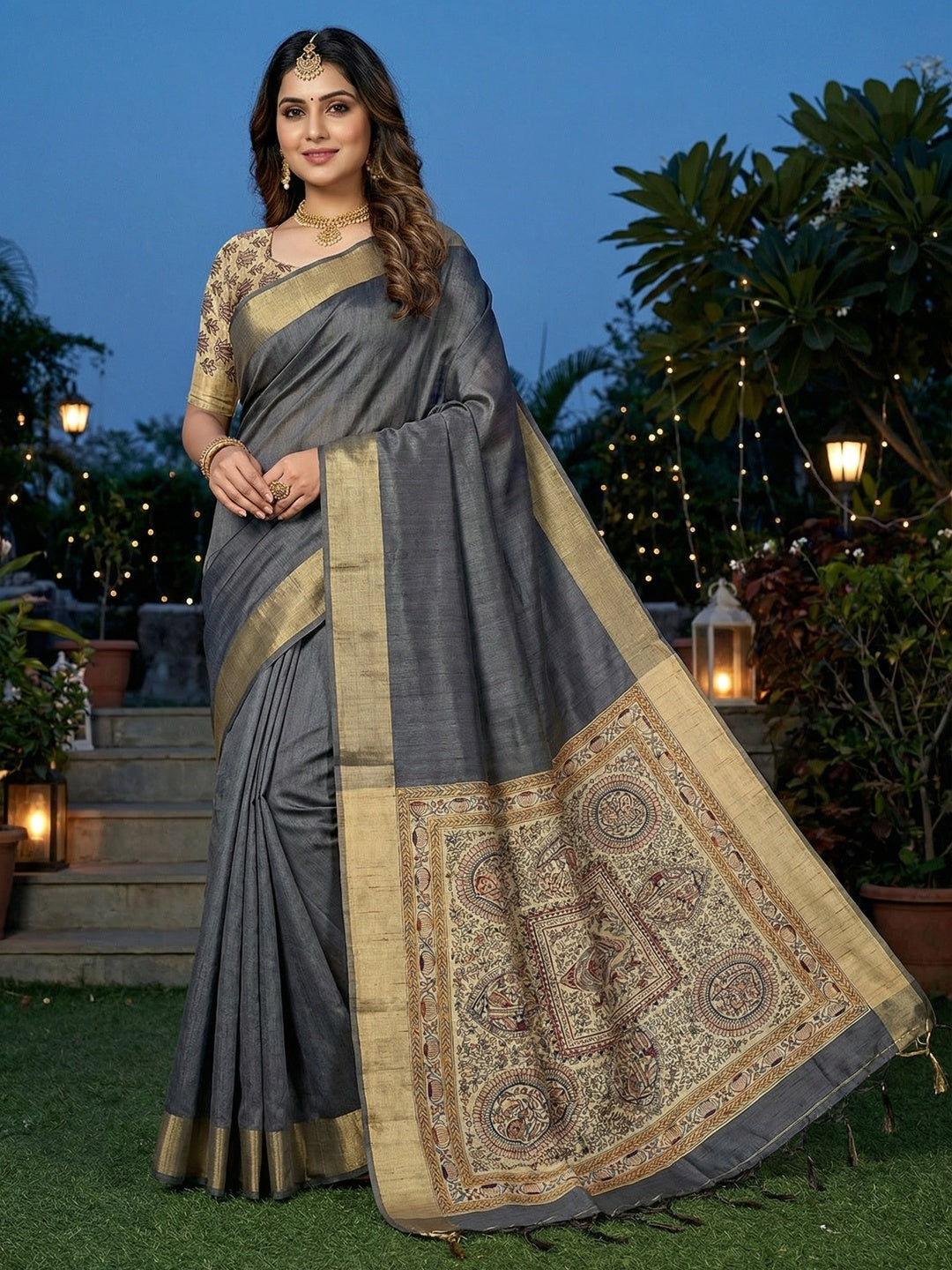 Elegant Grey Tussar Silk Saree with Golden Border - Image 1