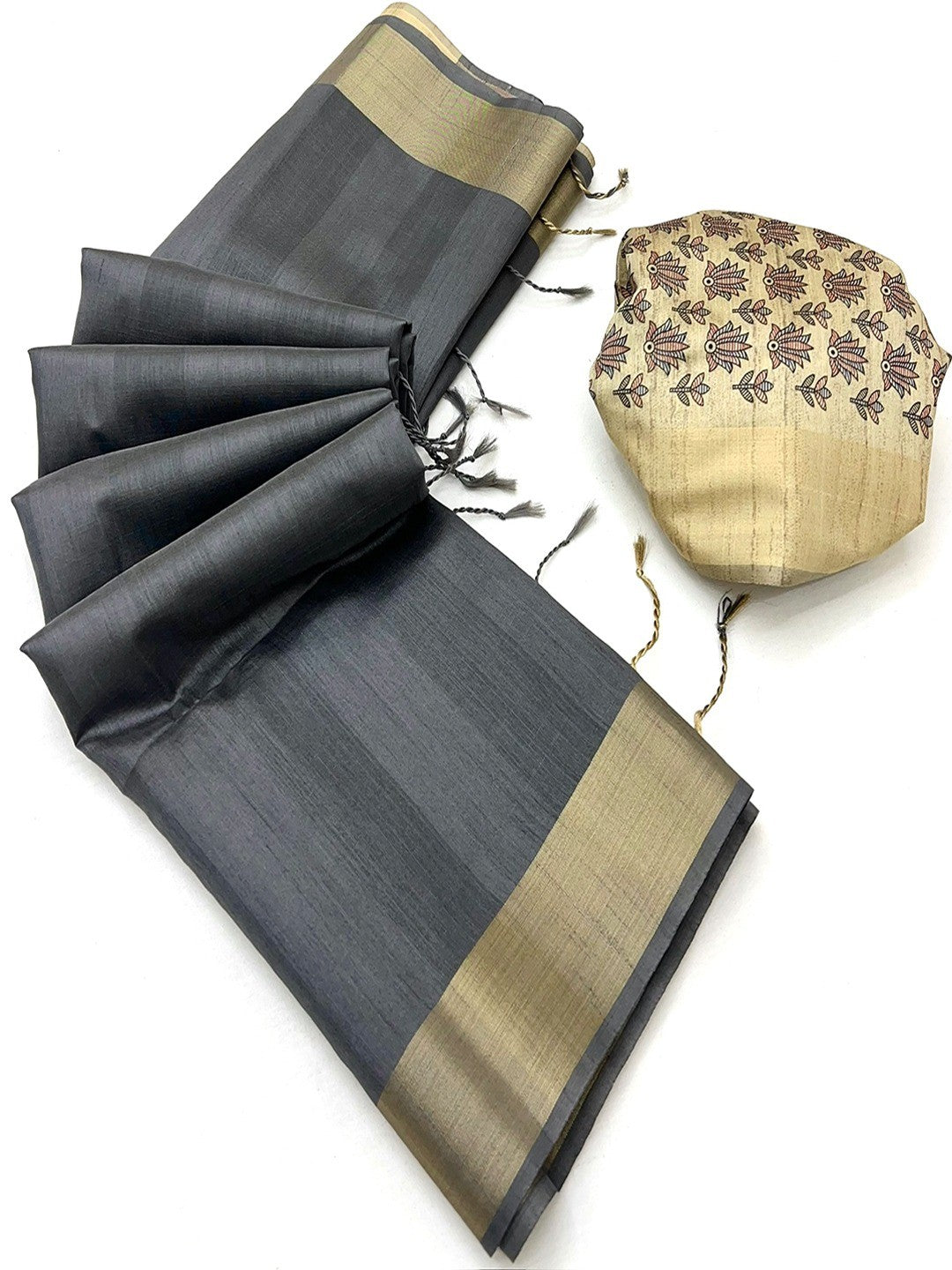 Elegant Grey Tussar Silk Saree with Golden Border - Image 3