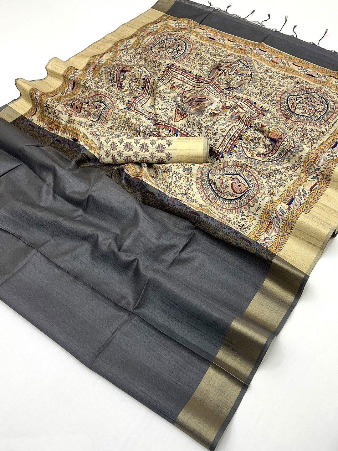 Elegant Grey Tussar Silk Saree with Golden Border - Image 2