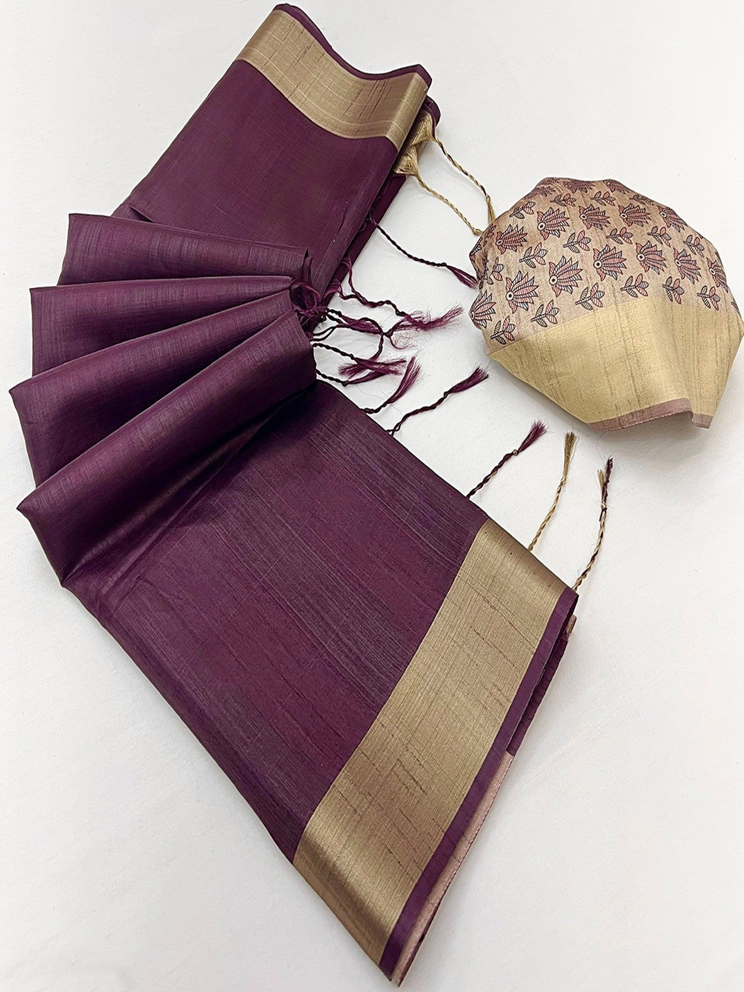 Elegant Wine Tussar Silk Saree with Golden Border - Image 3